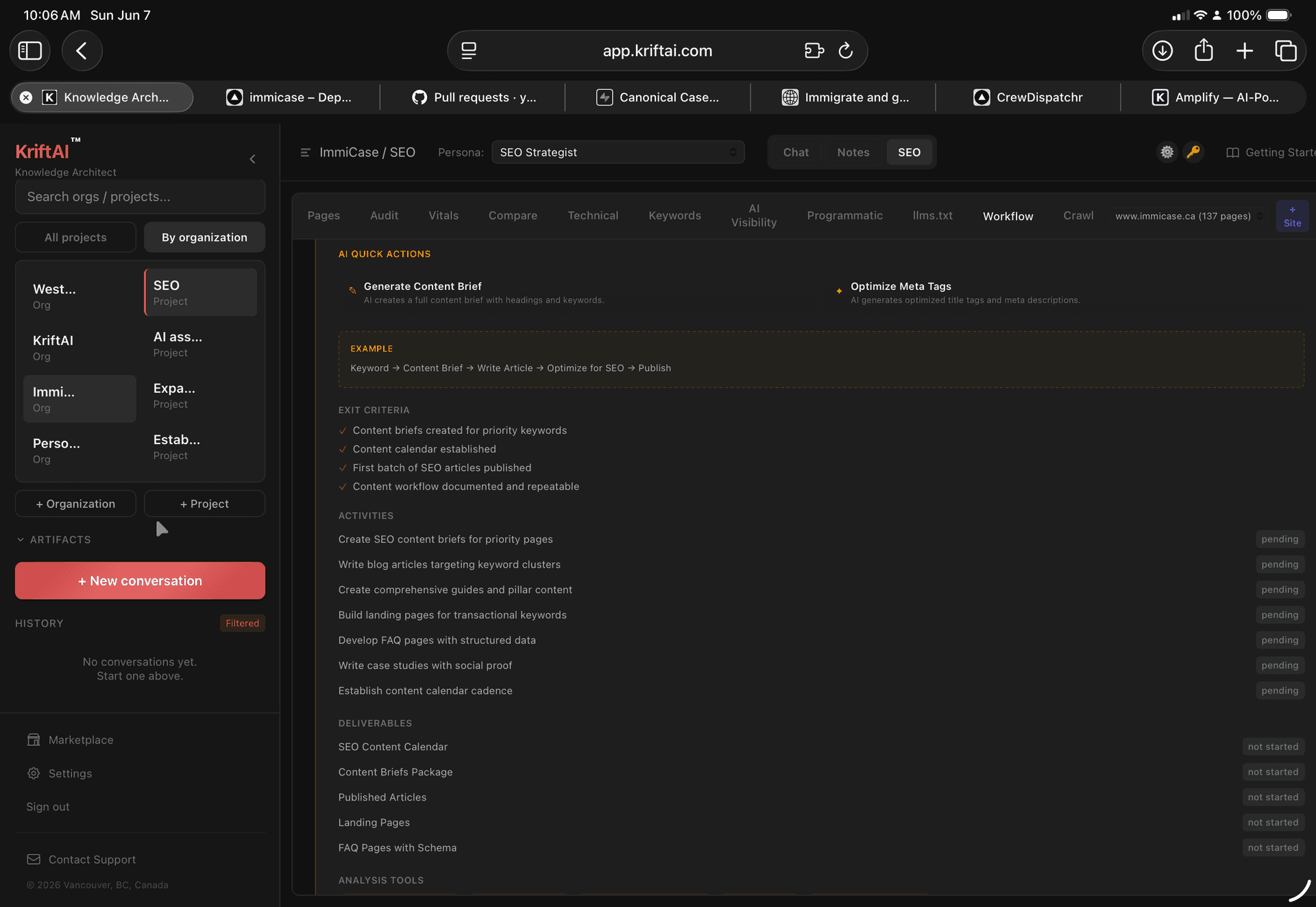 Content creation workspace — SEO briefs, articles, FAQ pages with structured data